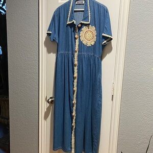 Blue Denim Midi Dress with Crochet Details